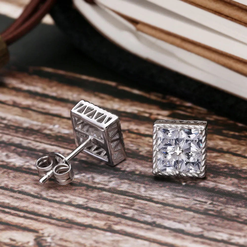 Sterling Silver Princess Cut Diamond Stud Earrings for Men KRKC