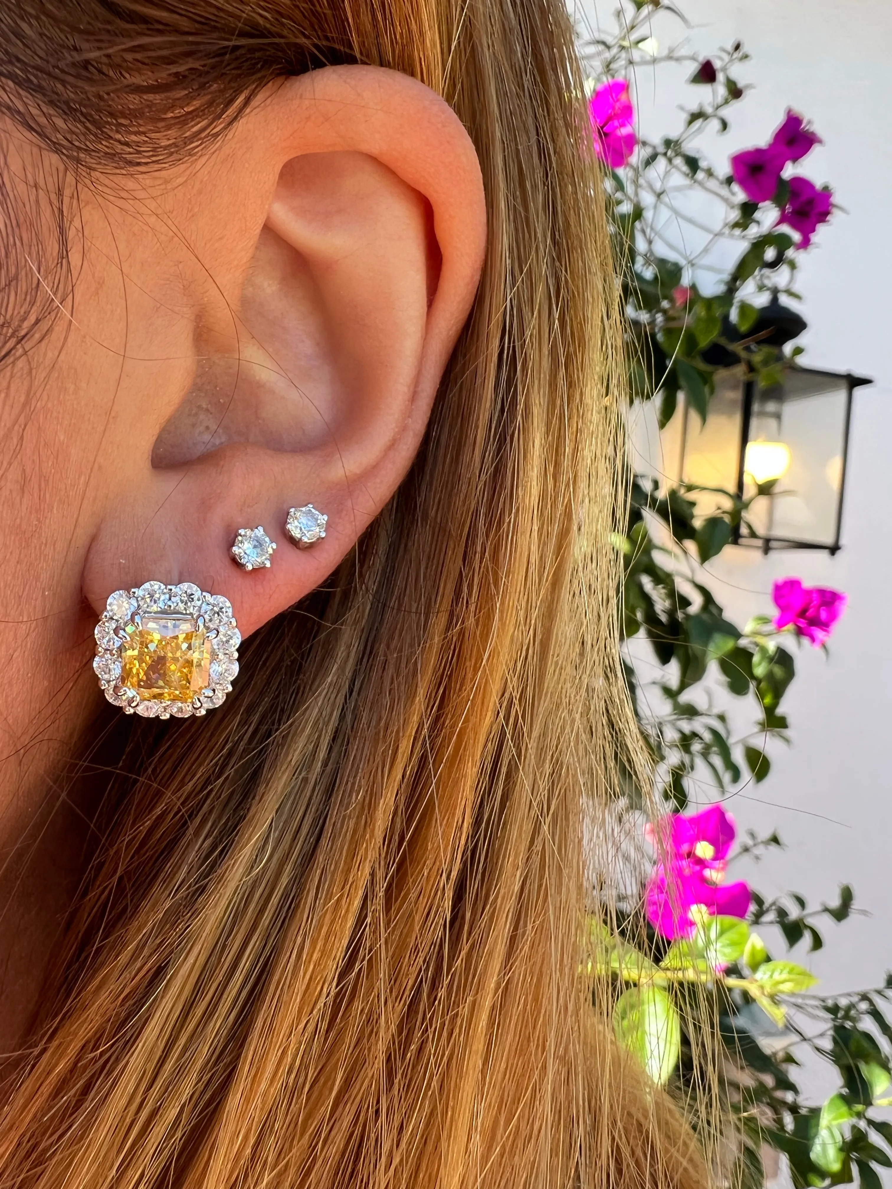 Sterling silver simulated yellow diamond halo studs