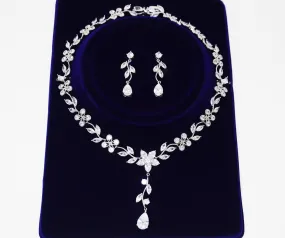 Swarovski Heavenly Floral Leaves Necklace set, Long Bridal Jewelry, Bridal Earrings And Necklace, Statement Earrings Cz Necklace Set.