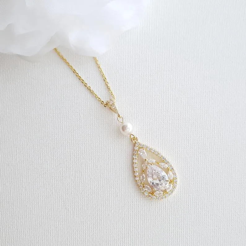 Teardrop Pendant Necklace for Wedding in Rose Gold & Pearl-Esther