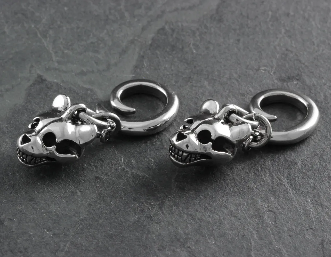 Teddy Bear Skull Gauged Spiral Earrings - Silver