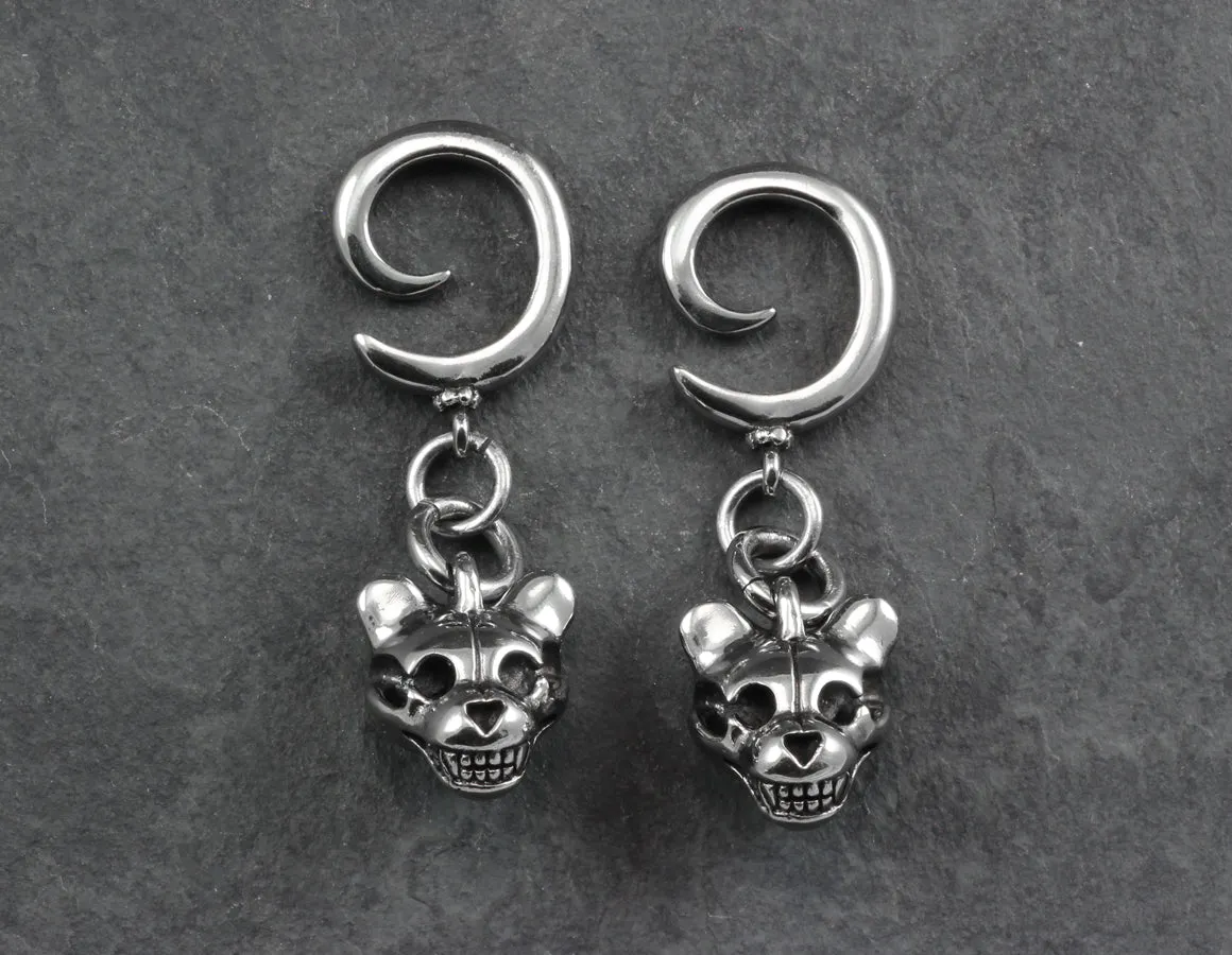 Teddy Bear Skull Gauged Spiral Earrings - Silver