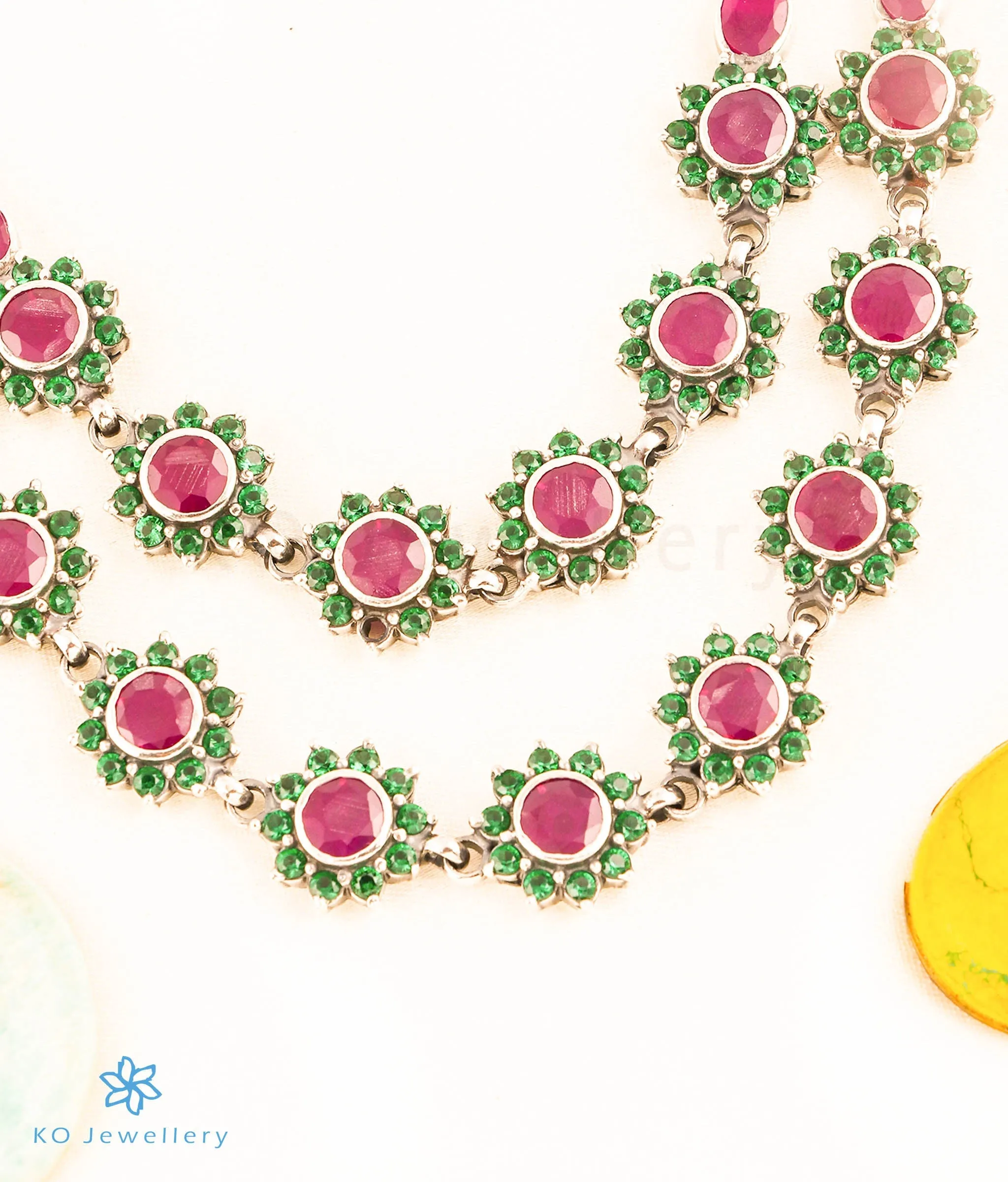 The Madhulika 2 layer Silver Kemp Necklace (Red/Green/Oxidised)