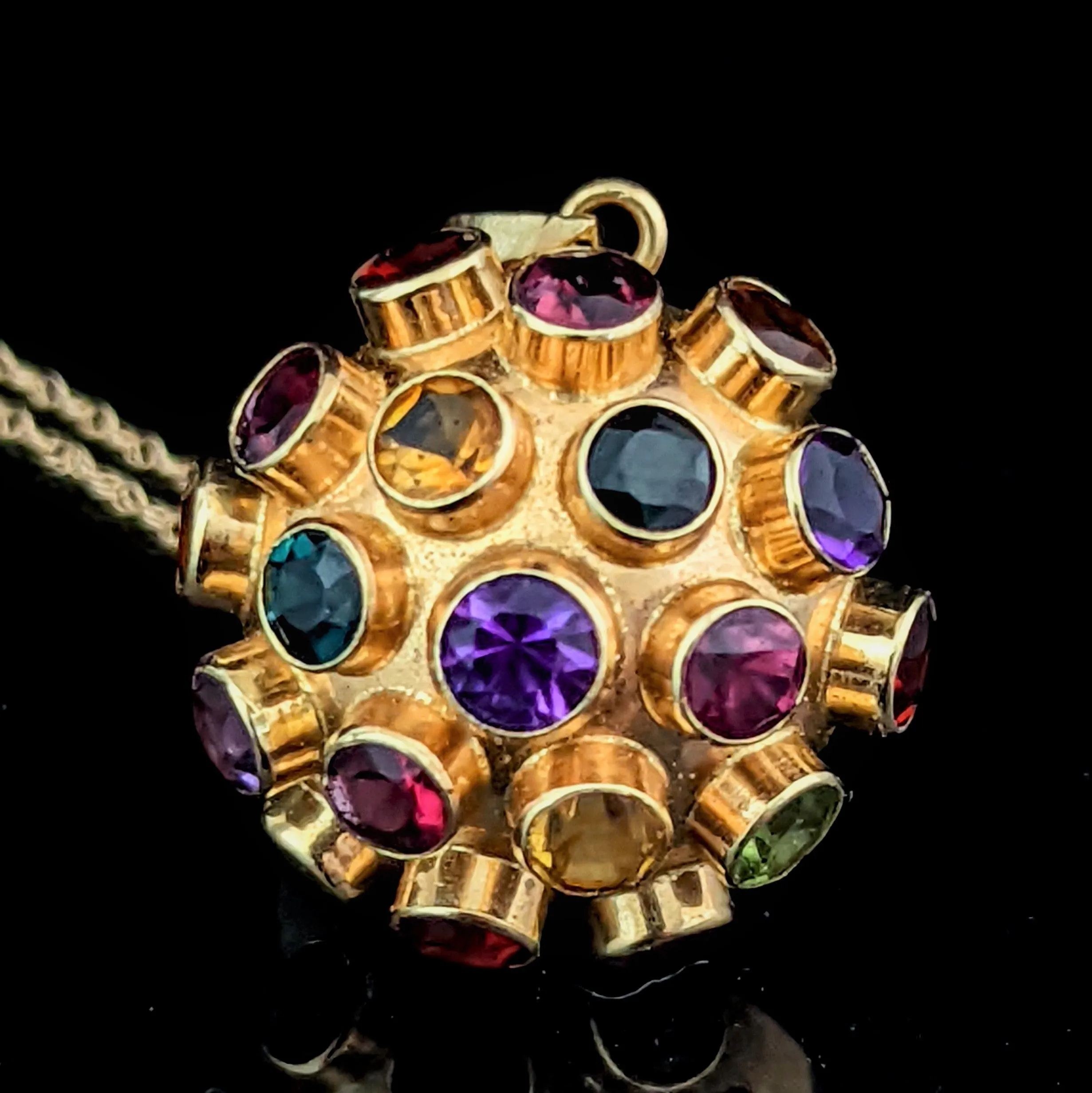 The Moscow - 1960s Gemstone 14k Gold Sputnik Pendant with 10k Gold Chain