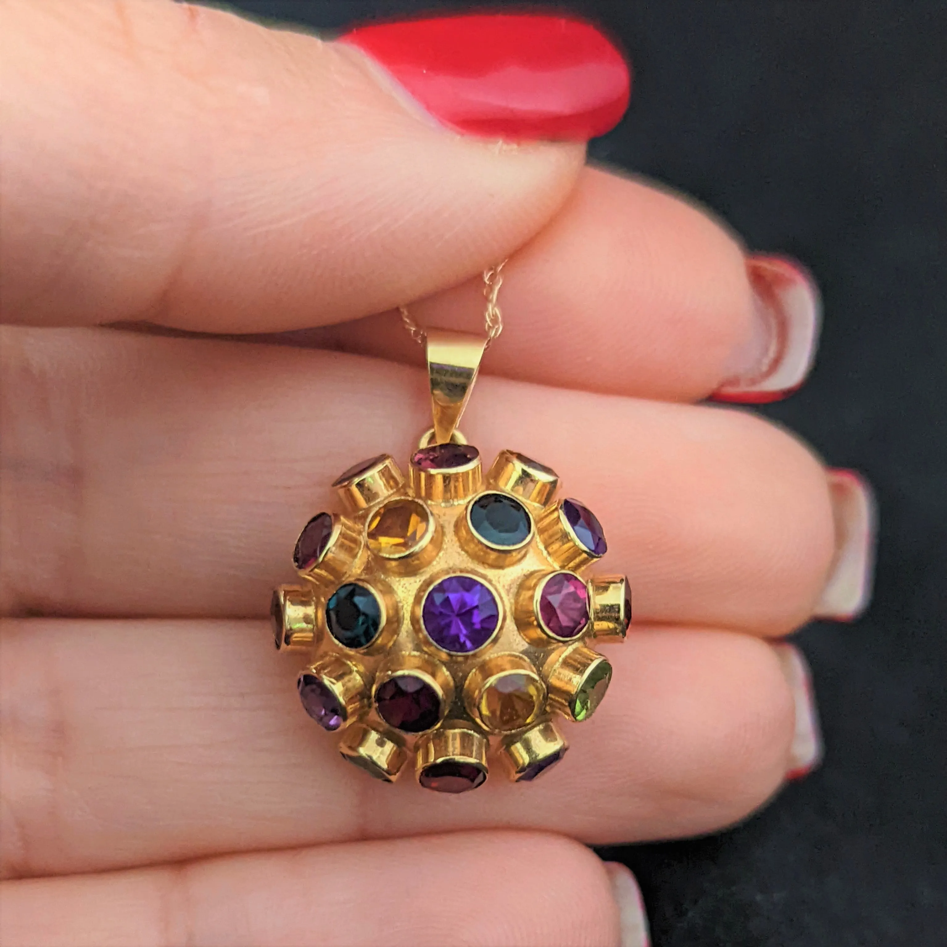 The Moscow - 1960s Gemstone 14k Gold Sputnik Pendant with 10k Gold Chain