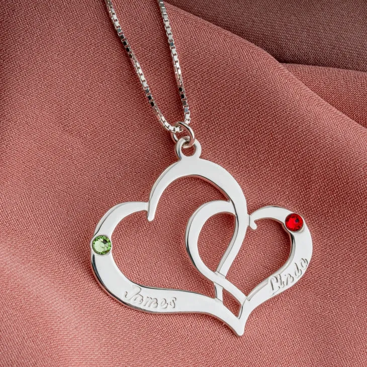 Two Hearts Name Birthstone Necklace