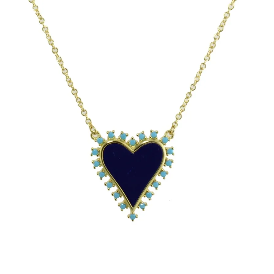 TWO TONE BEAD BOARDER ENAMEL HEART NECKLACE