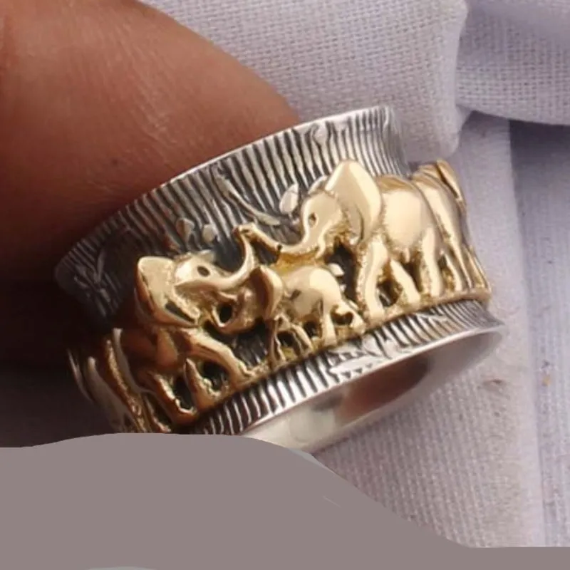 Two-Tone Elephant Vintage Textured Wide Band Ring