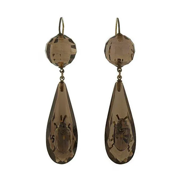 Victorian Sterling Smoky Topaz Beetle Earrings