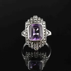 Vintage Art Deco Style Amethyst Marcasite Ring, Sz 6.75