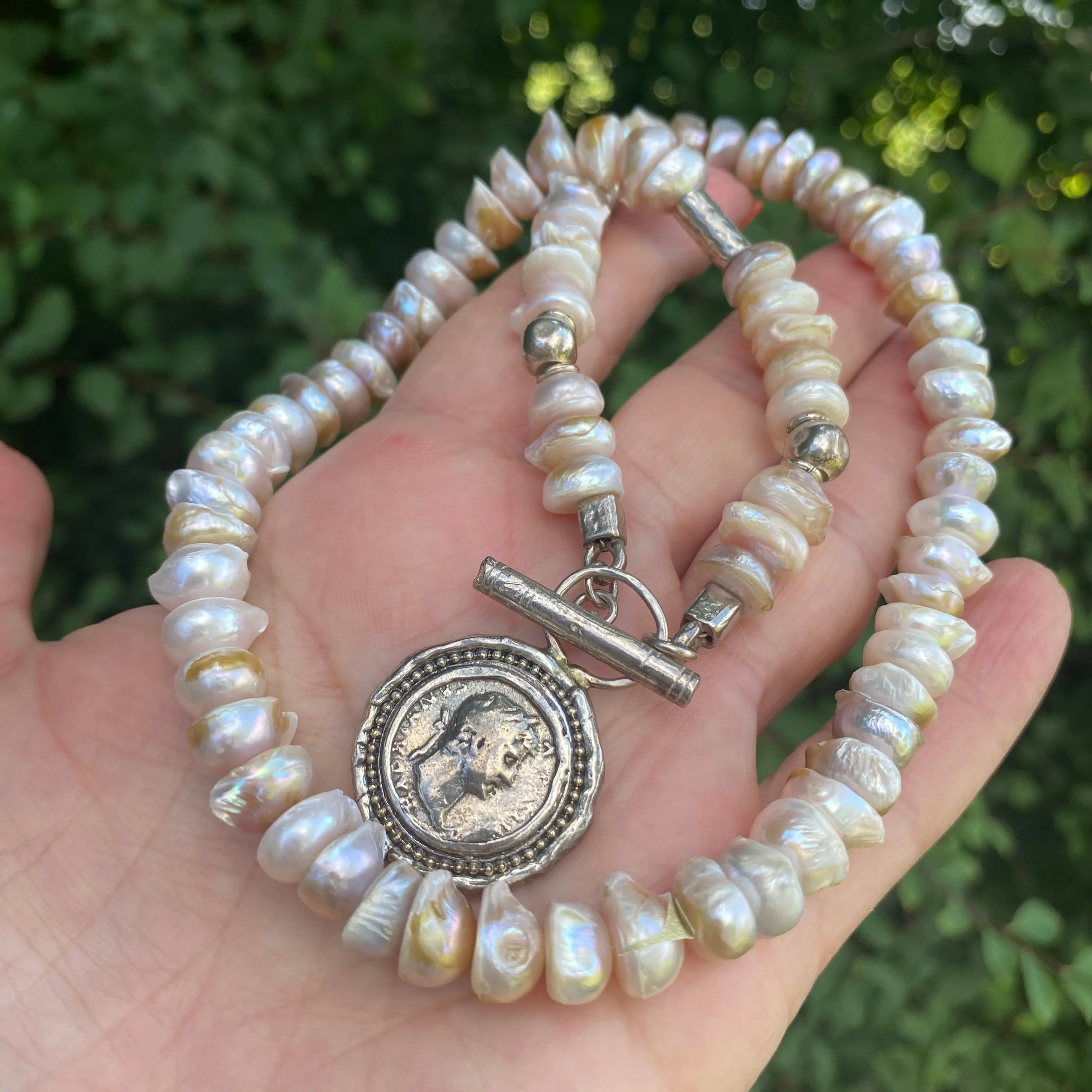 Vintage-Inspired Lavender Baroque Pearl Necklace, Sterling Silver Statement Jewelry with Repro Roman Coin Toggle Clasp, 20In