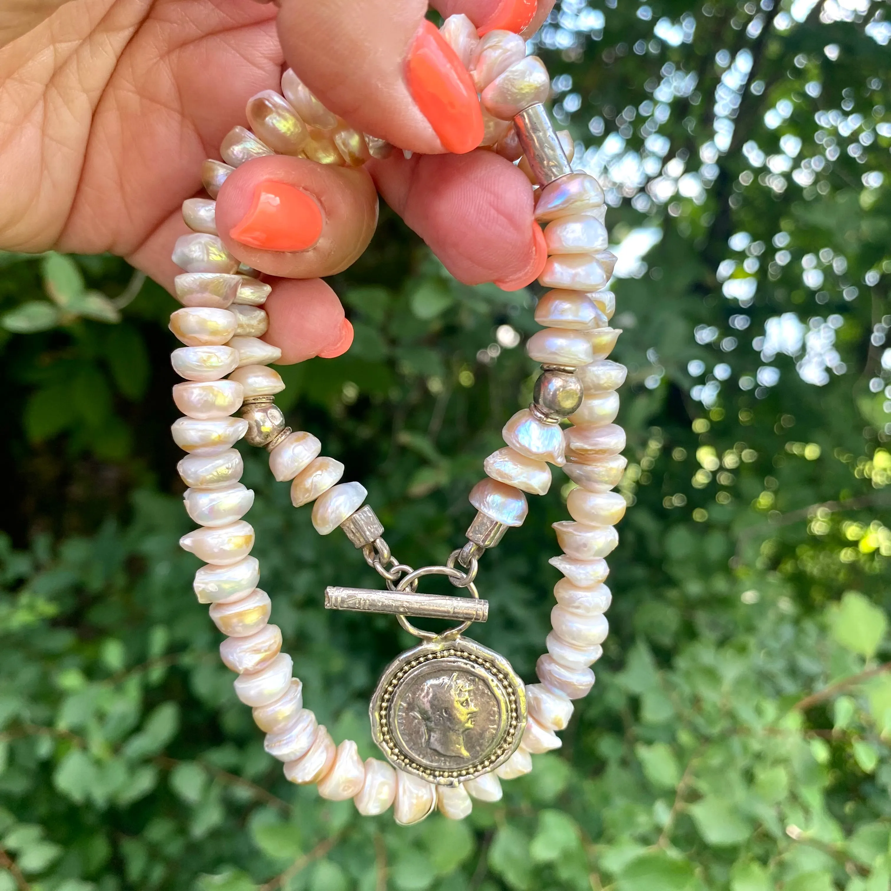 Vintage-Inspired Lavender Baroque Pearl Necklace, Sterling Silver Statement Jewelry with Repro Roman Coin Toggle Clasp, 20In