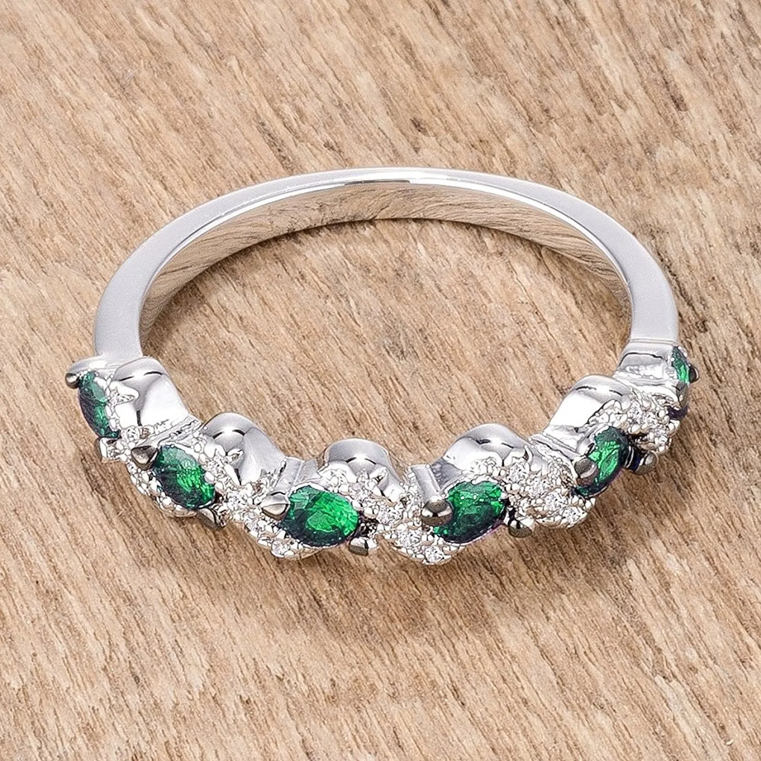 WildKlass .18Ct Rhodium Plated and Hematite Plated S Shape Emerald Green and Clear CZ Half Eternity Band