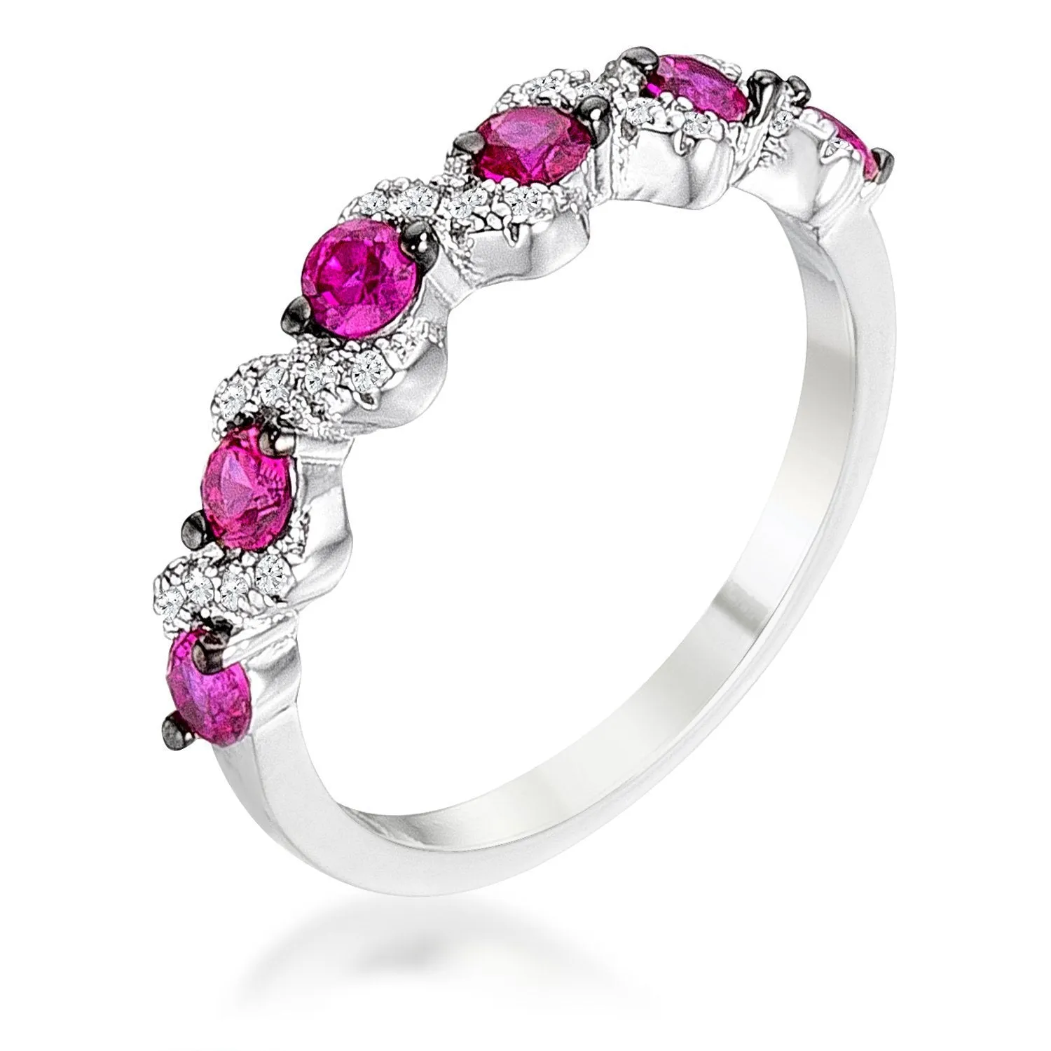 WildKlass .18Ct Rhodium Plated and Hematite Plated S Shape Fuschia and Clear CZ Half Eternity Band