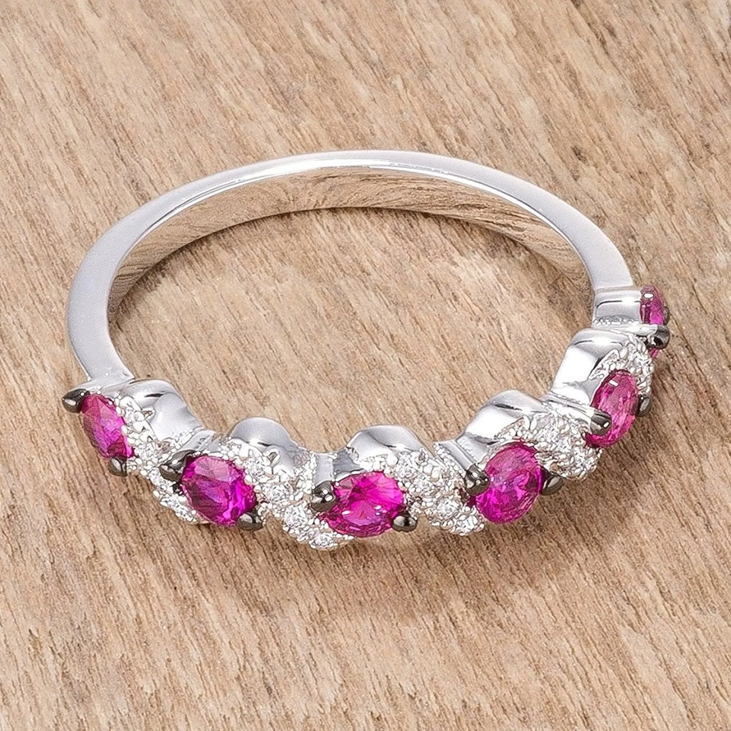 WildKlass .18Ct Rhodium Plated and Hematite Plated S Shape Fuschia and Clear CZ Half Eternity Band