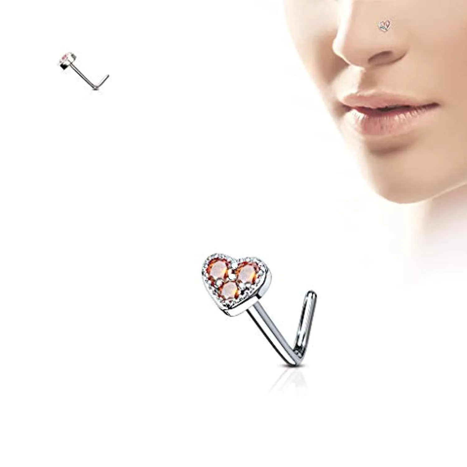 WildKlass 3 CZ Paved Heart 316L Surgical Steel L Bend Nose Stud Rings