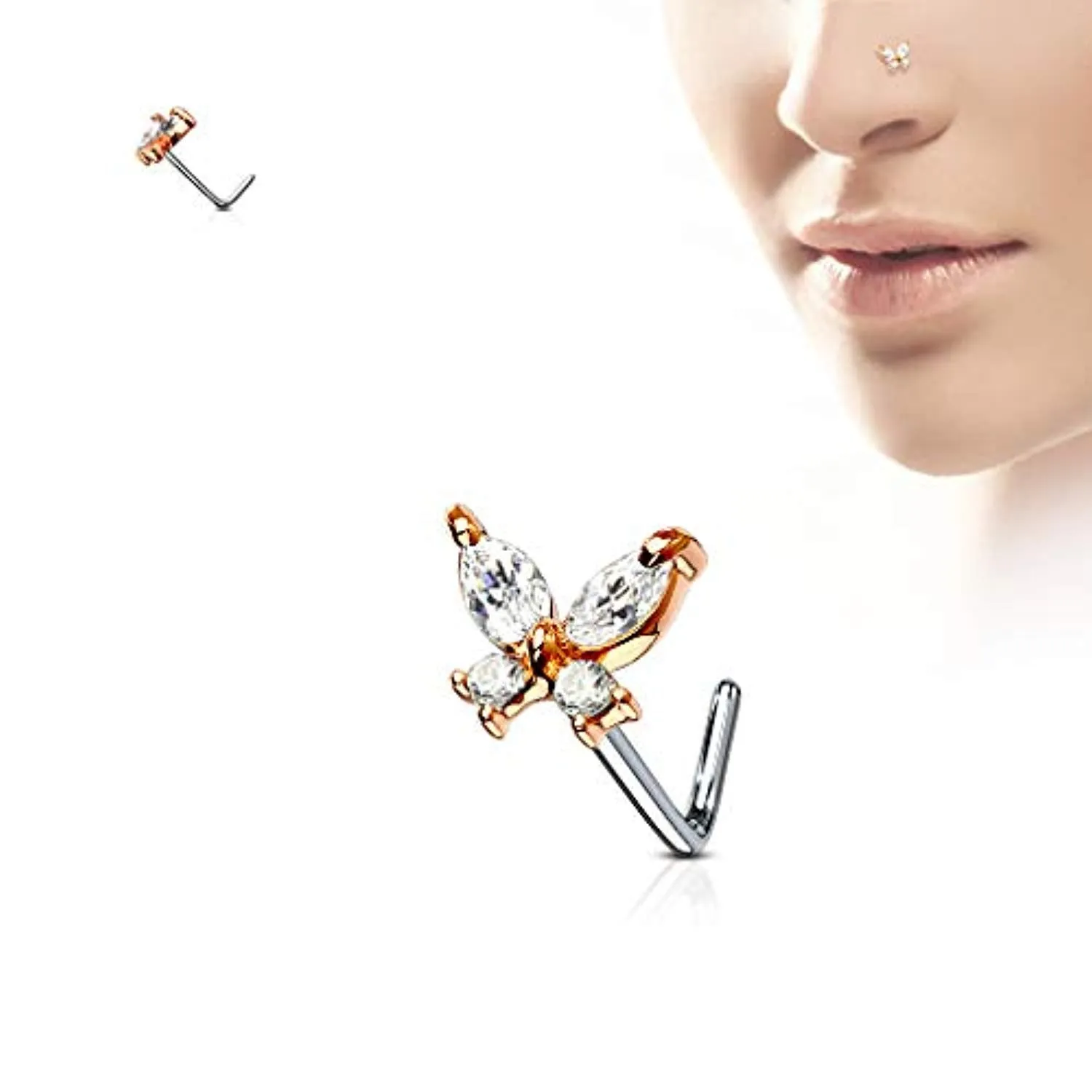 WildKlass CZ Butterfly 316L Surgical Steel L Bend Nose Stud Rings