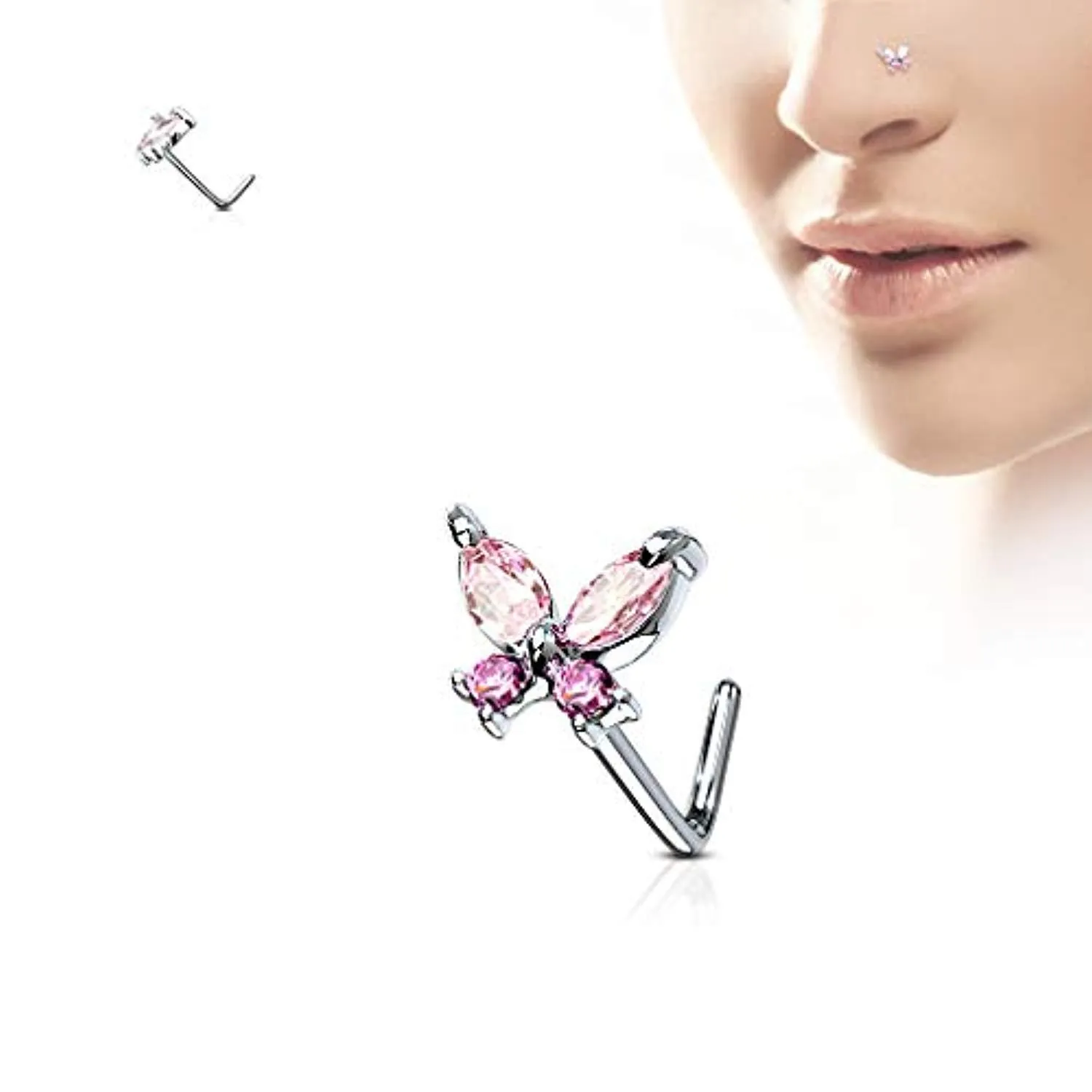 WildKlass CZ Butterfly 316L Surgical Steel L Bend Nose Stud Rings