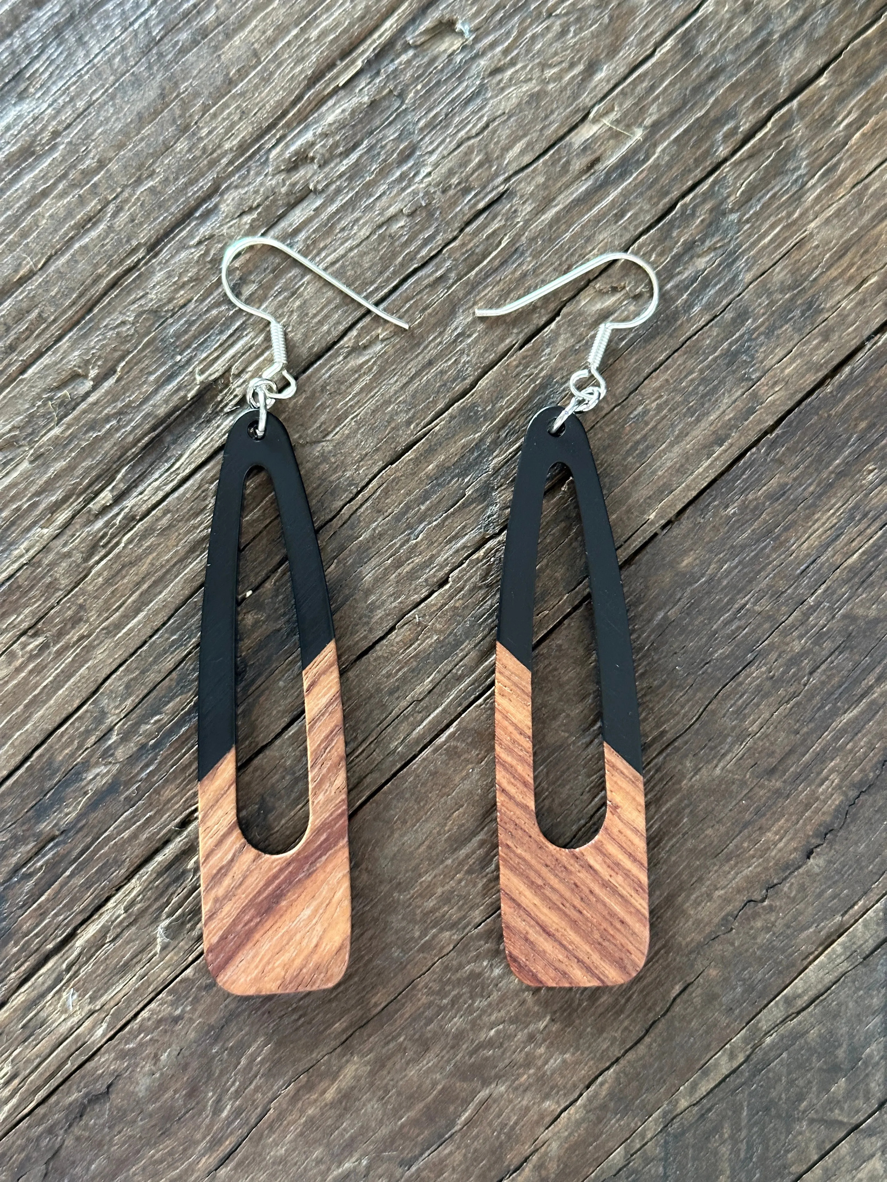 Wooden Drop Earrings - Oblong Open